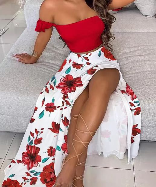 Damen Maxirock mit floralem Design und hohem Schlitz R&B