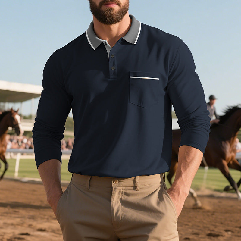 Herren Langarm-Poloshirt mit strukturiertem Design und modischer Brusttasche R&B