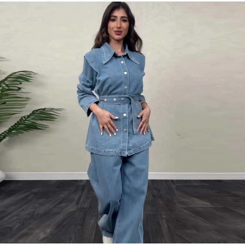 Damen modischer Jeansmantel mit tailliertem Gürtel R&B