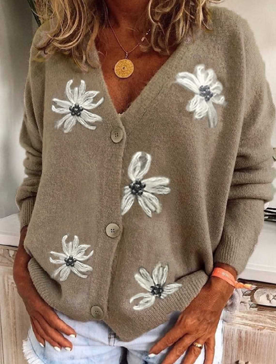 Damen Strickjacke mit floralen Applikationen und knöpfigem Verschluss R&B