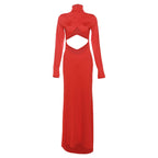 Damen figurbetontes Maxikleid mit asymmetrischem Cut-Out und hochgeschlossenem Kragen R&B
