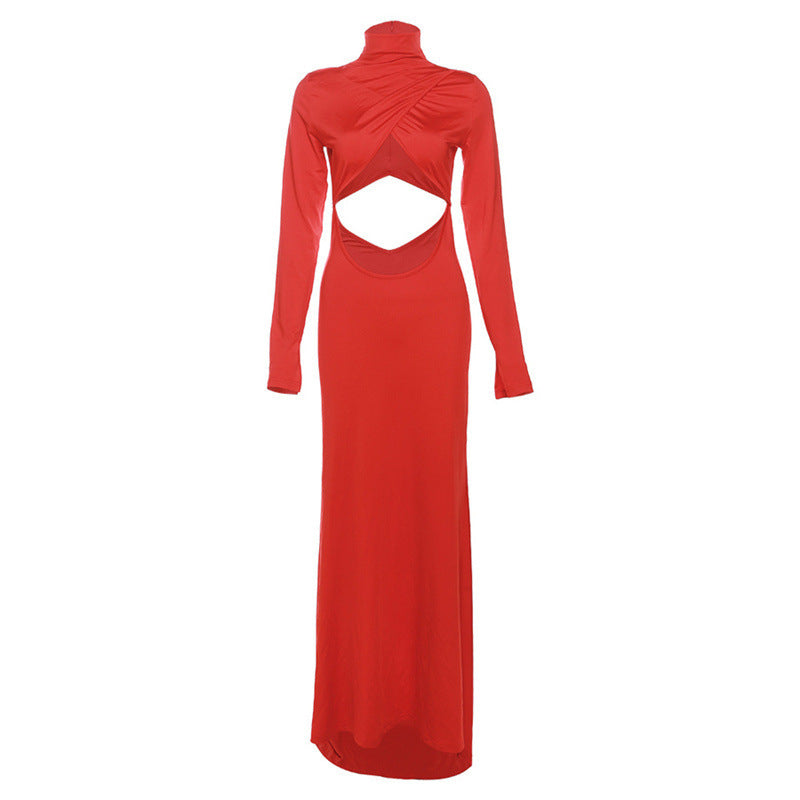 Damen figurbetontes Maxikleid mit asymmetrischem Cut-Out und hochgeschlossenem Kragen R&B