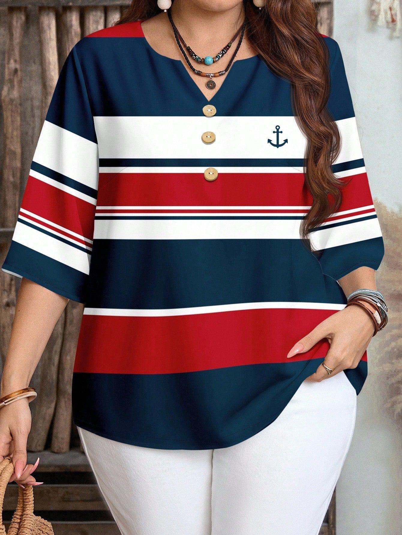 Damen lässiges Marine-Look Oberteil mit Knopfleiste R&B
