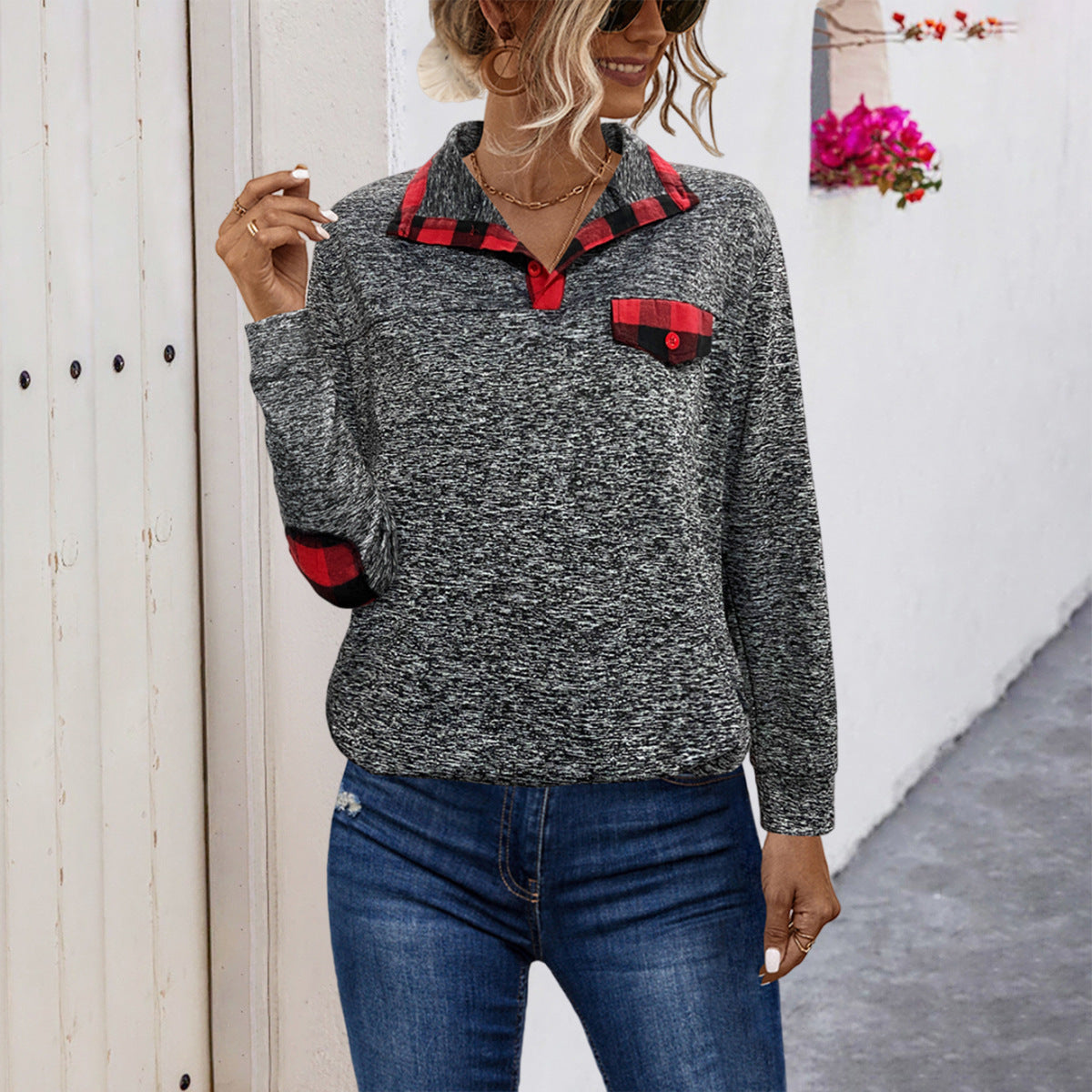 Damen Pullover mit Kragen und kariertem Detail R&B