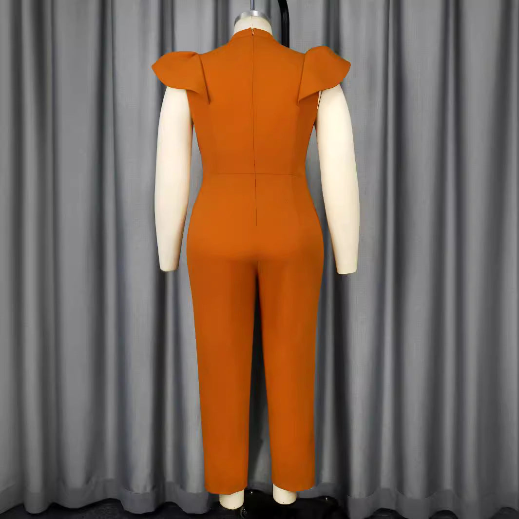 Damen eleganter Jumpsuit mit Rüschärmeln und dekorativen Knöpfen R&B