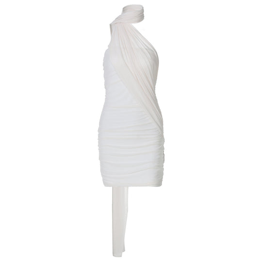 Damen elegantes Minikleid aus leichtem, drapiertem Stoff mit asymmetrischem Ausschnitt R&B