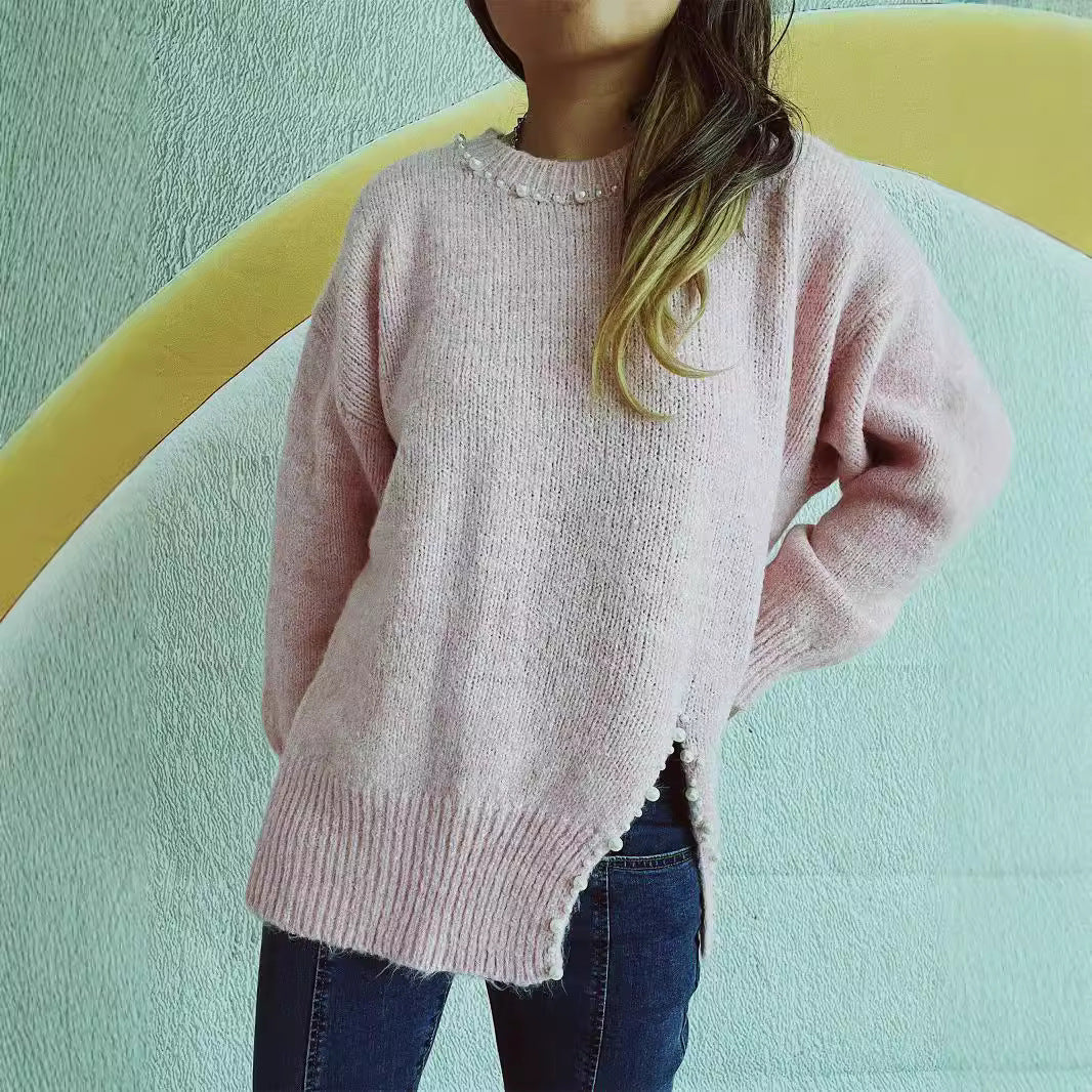 Damen Grobstrickpullover mit Perlenausschnitt und asymmetrischem Saum R&B