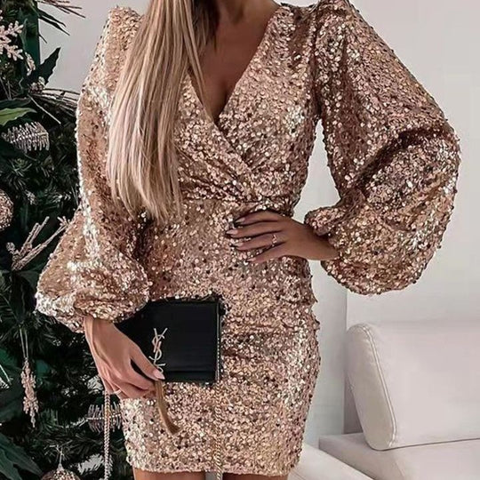 Damen Glitzerndes Minikleid mit Ballonärmel und Wickeloptik R&B