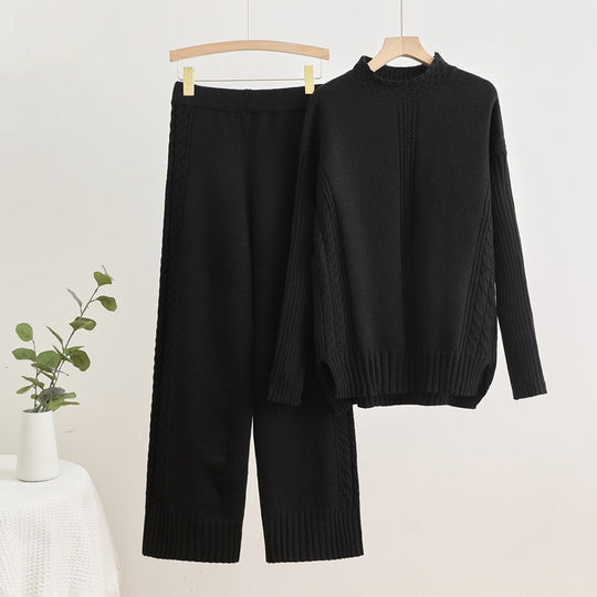 Damen komfortables Strick-Loungewear-Set mit hohen Bündchen und dekorativen Zopfmustern R&B