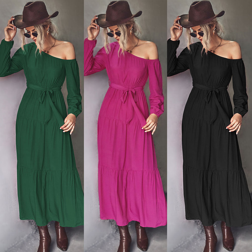 Damen Langarm Maxikleid mit asymmetrischem Schnitt und tailliertem Gürtel R&B