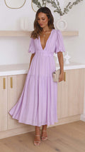 Damen Maxikleid mit tiefem V-Ausschnitt und schwingendem Rock R&B