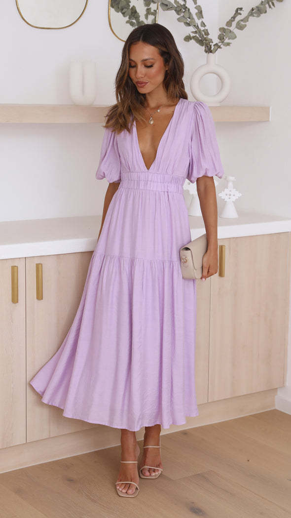 Damen Maxikleid mit tiefem V-Ausschnitt und schwingendem Rock R&B