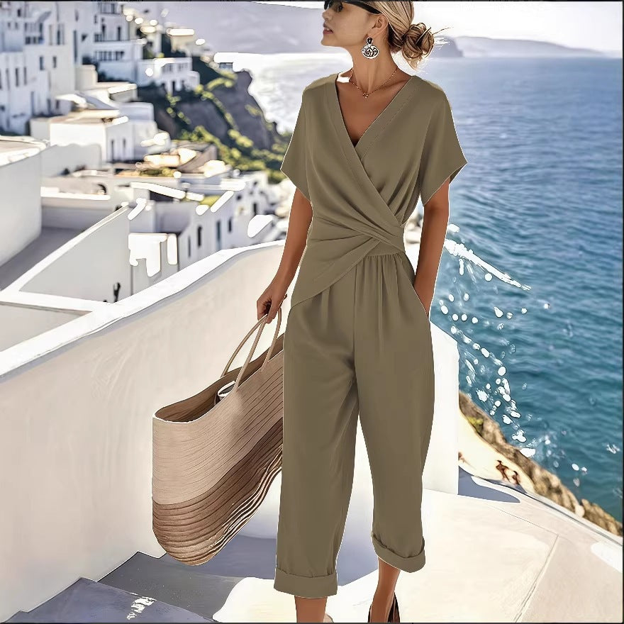 Damen Eleganter Jumpsuit mit Wickeloptik und breiten Beinen R&B