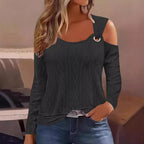Damen modisches Strickoberteil mit offenem Schulterdesign und dekorativem Ring R&B