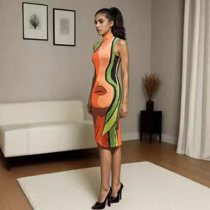 Damen Figurbetontes Midikleid mit modernem Druck R&B