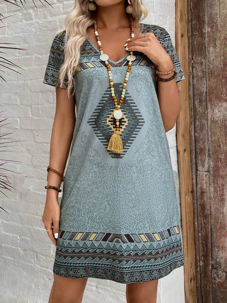 Damen lässiges Tunika-Kleid mit ethnischem Muster R&B