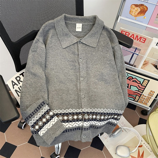 Damen Strickjacke mit elegantem Kragen und modischem Muster R&B