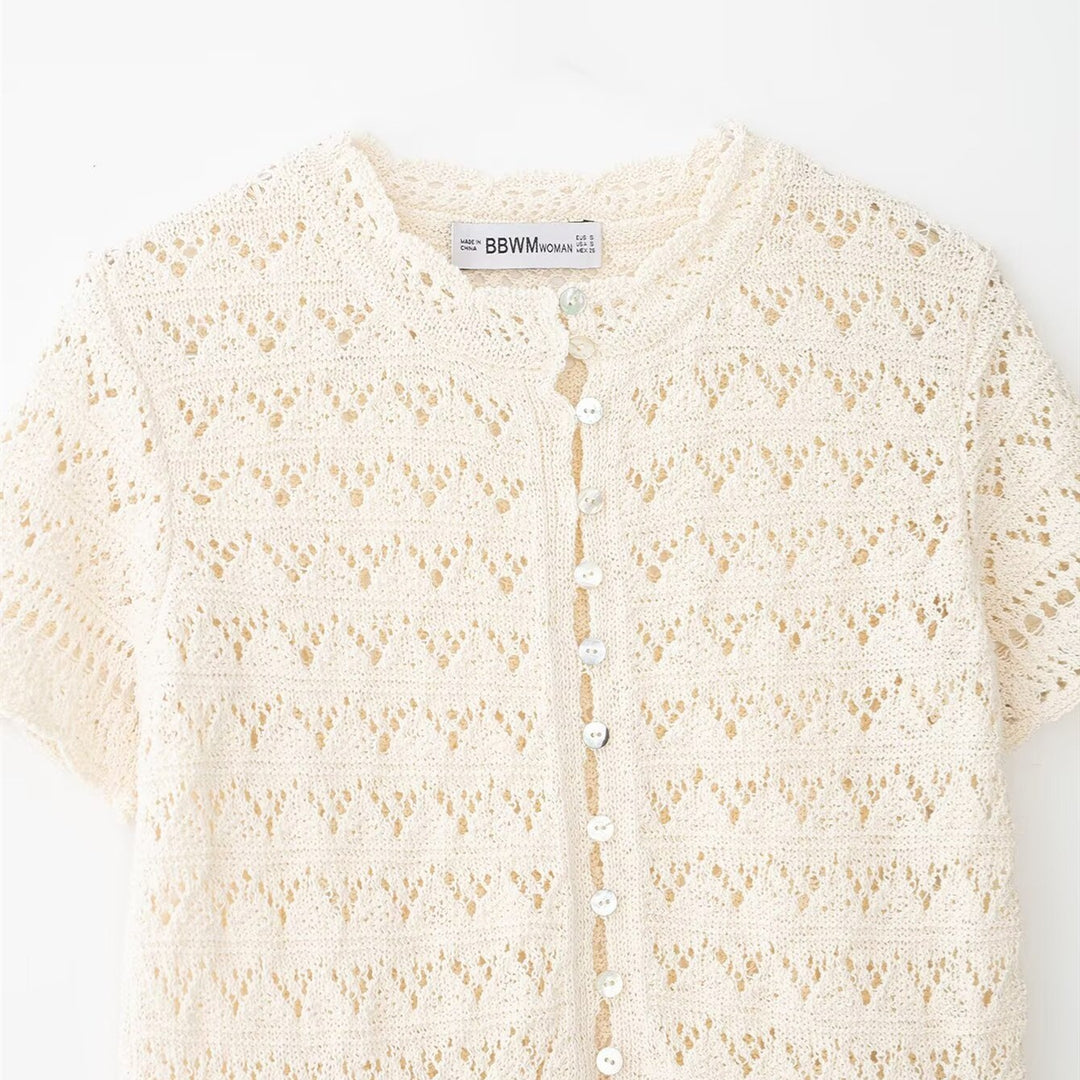 Damen feine Kurzarm-Bluse mit romantischem Spitzenmuster R&B