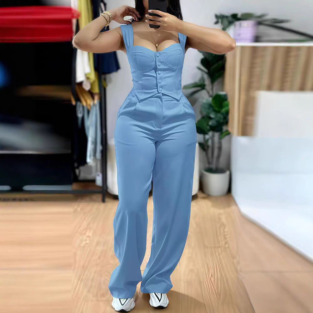 Damen Figurbetonter Jumpsuit mit tailliertem Schnitt und Knopfleiste R&B