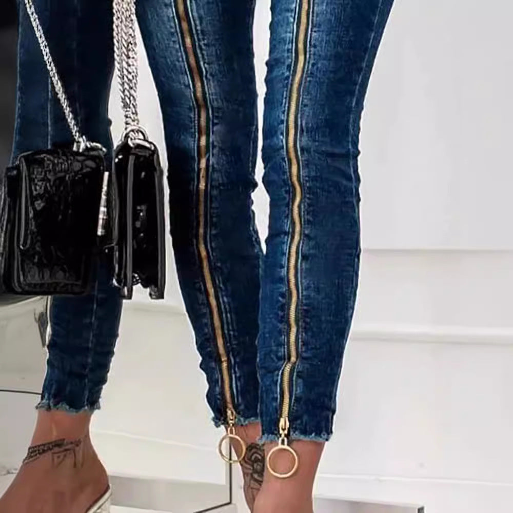 Damen High-Waist Jeans im modernen Design mit seitlichem Reißverschluss und Ring-Details R&B