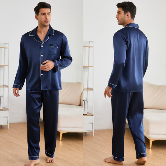 Herren Satin Schlafanzug-Set mit klassischem Kragen und eleganten Kontrastnähten R&B