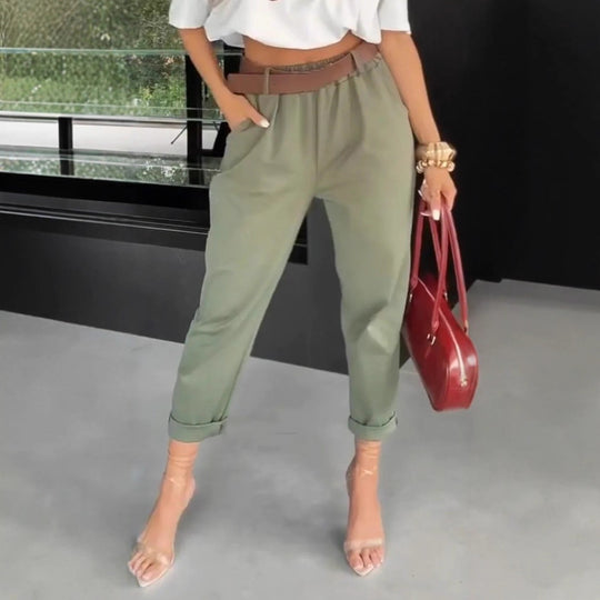 Damen nan hochtaillierte Paperbag-Hose mit gerafftem Bund, Eingrifftaschen und gekrempeltem Saum R&B