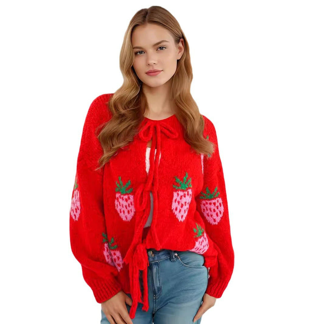 Damen kuscheliger Pullover mit fruchtigem Erdbeer-Motiv R&B