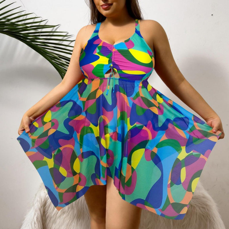 Damen vielseitiges Strandkleid mit modischem Schnitt und buntem Muster R&B