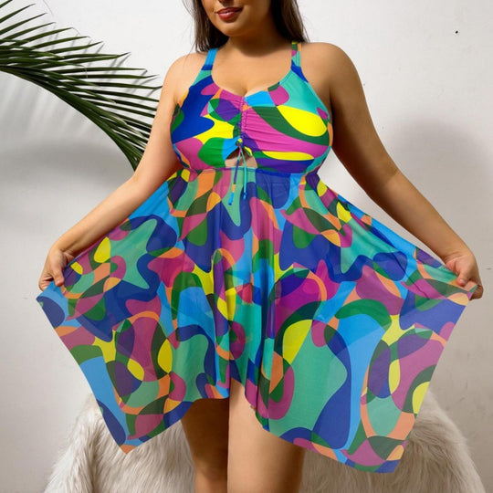 Damen vielseitiges Strandkleid mit modischem Schnitt und buntem Muster R&B
