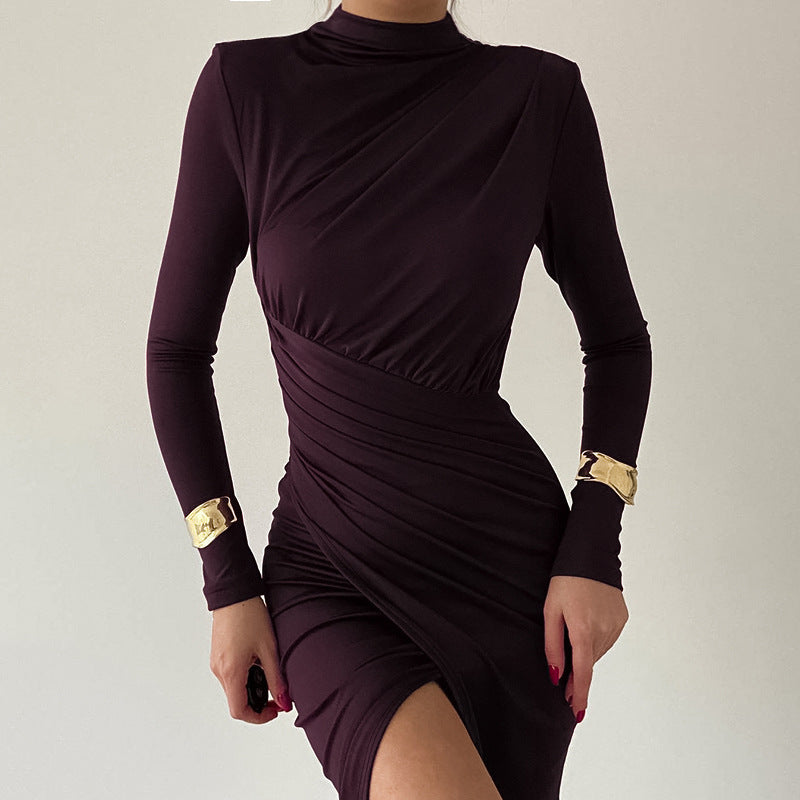 Damen Langarm-Maxikleid mit elegantem Drapierungsdetail und hochgeschlossenem Ausschnitt R&B