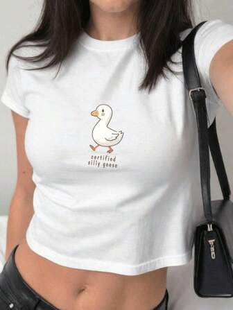 Damen figurbetontes Kurzarm-T-Shirt mit verspieltem Aufdruck R&B