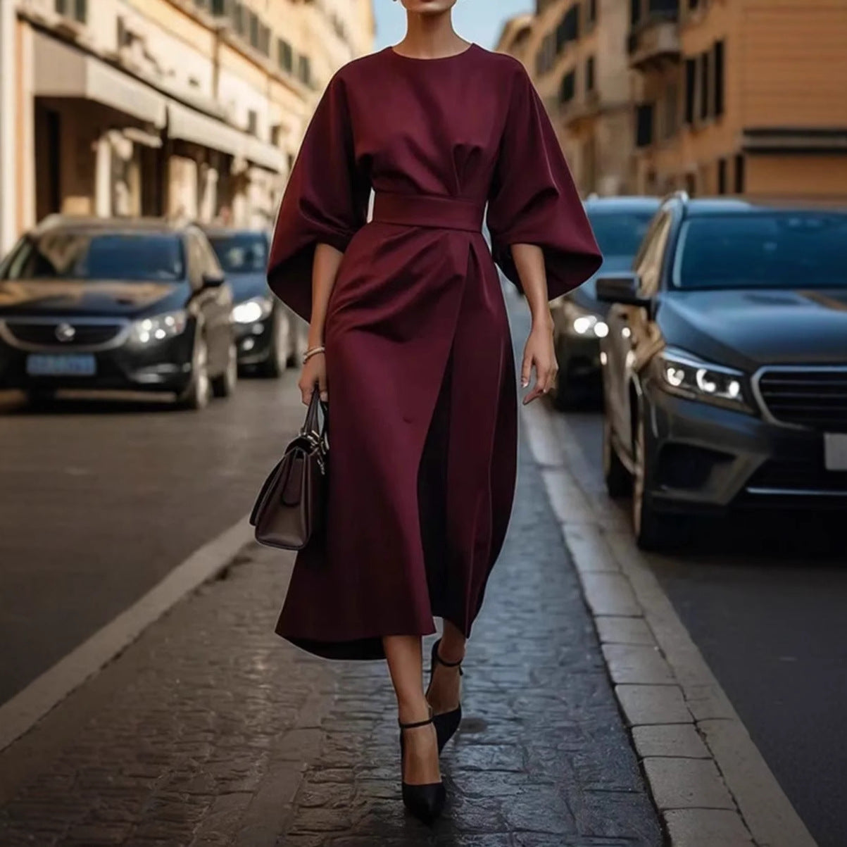 Damen elegantes Maxikleid mit Ballonärmel und tailliertem Schnitt R&B