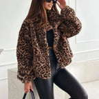 Damen nan kurze Kunstfelljacke mit Wildmuster, V-Ausschnitt und taillierter Silhouette R&B