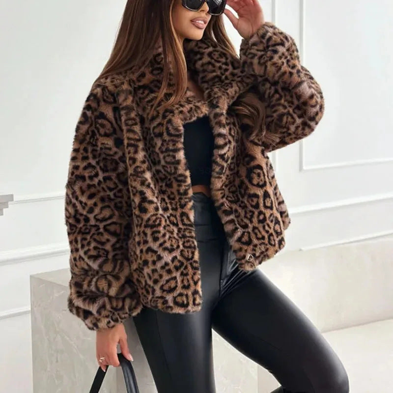 Damen nan kurze Kunstfelljacke mit Wildmuster, V-Ausschnitt und taillierter Silhouette R&B