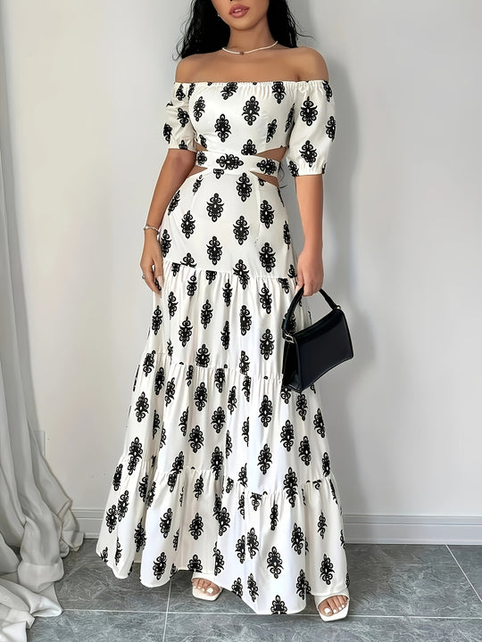 Damen Off-Shoulder Maxikleid mit Rüschendetails und floralen Mustern R&B