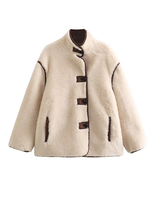 Damen Teddyfelljacke mit stylischem Stehkragen und praktischen Taschen R&B