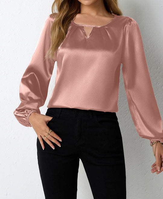 Damen elegante Satinbluse mit verspieltem Schlüsselausschnitt R&B
