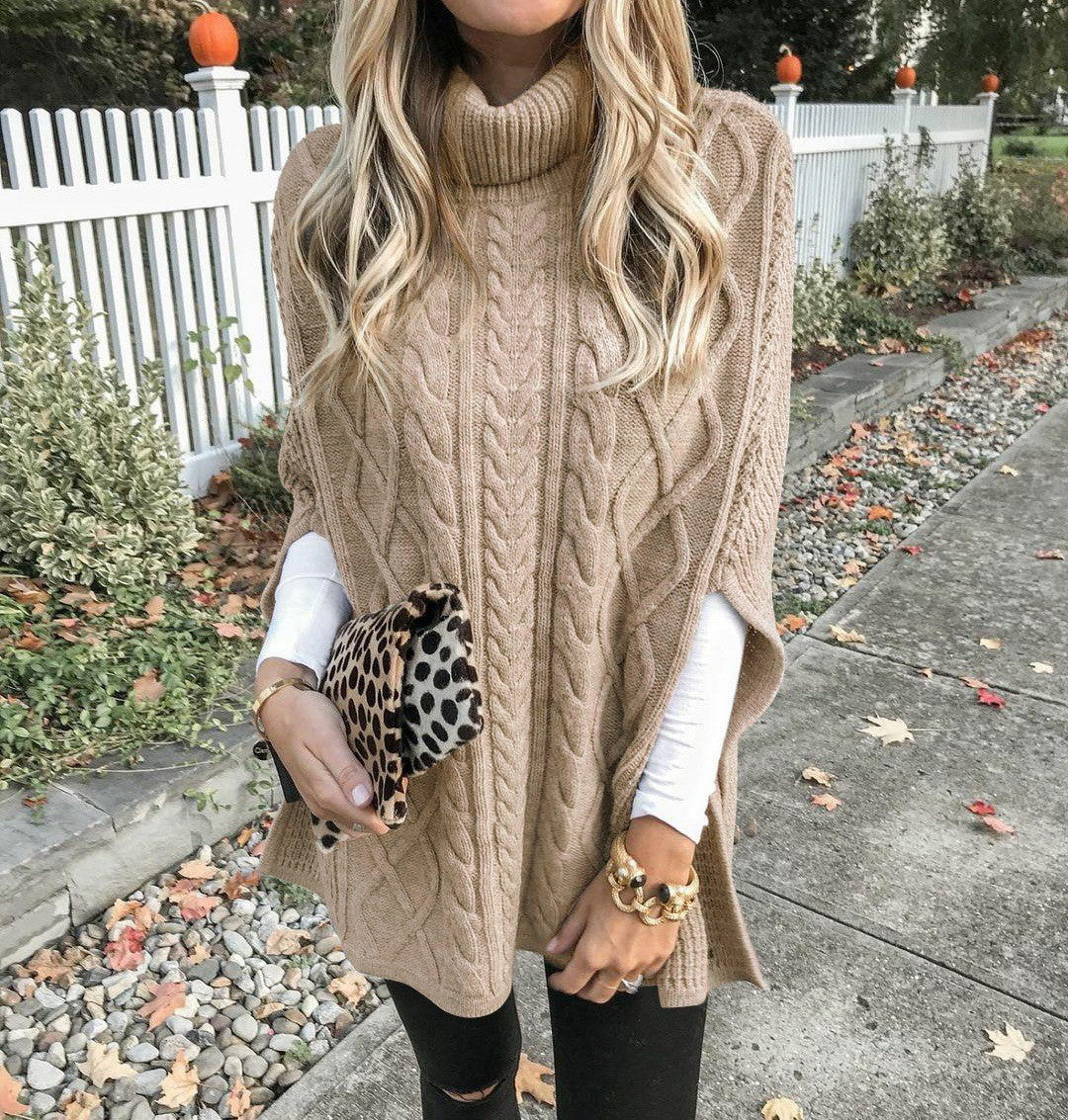 Damen Kuschelponcho mit hohem Kragen und Zopfmuster R&B