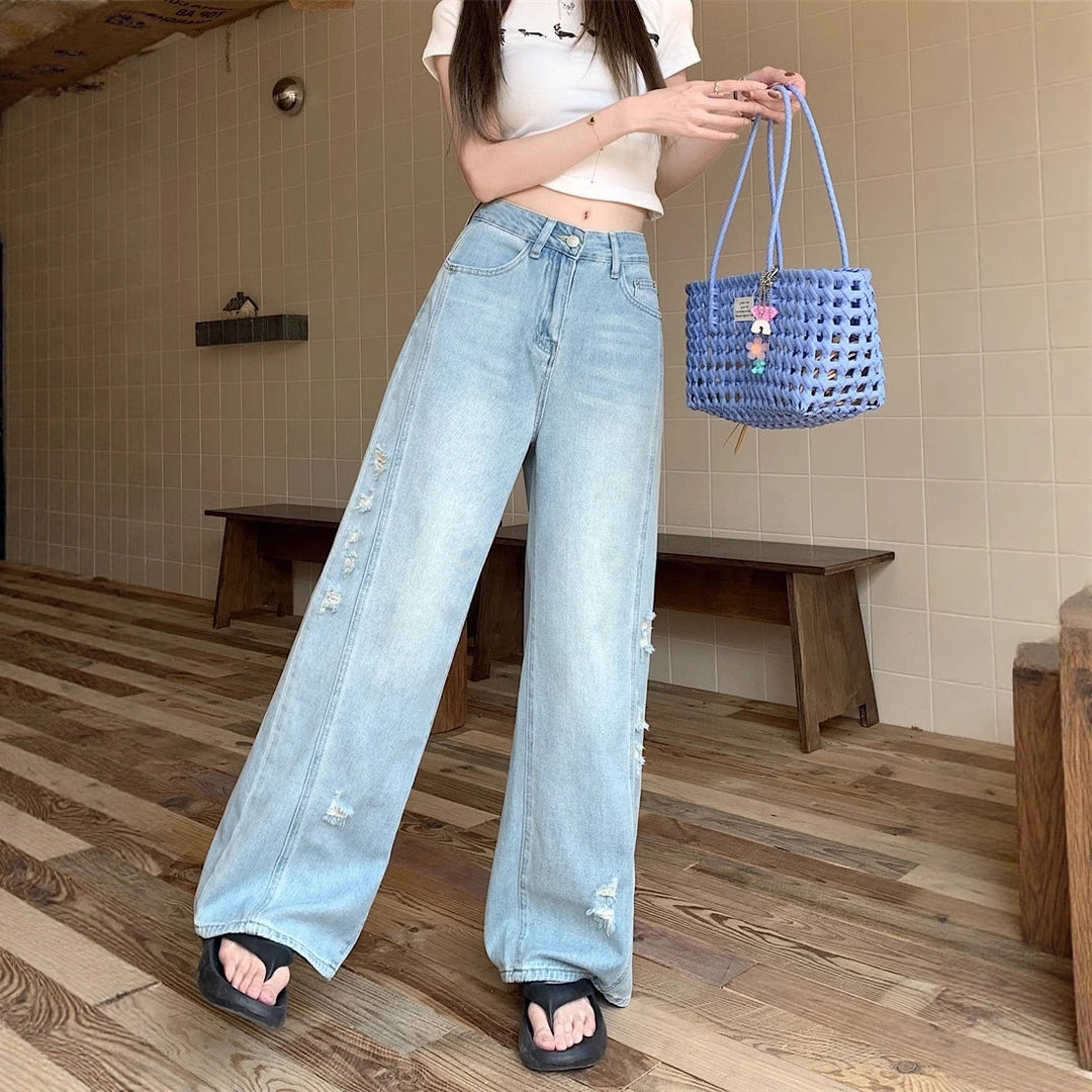 Damen Weite Jeans mit modischen Rissen und hohem Bund R&B