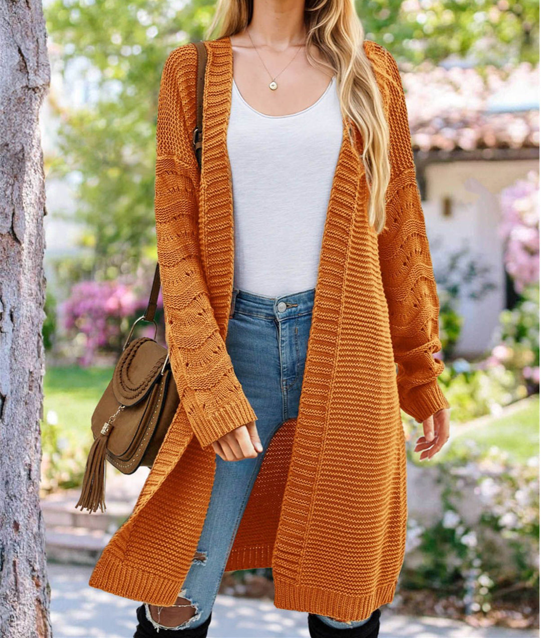 Damen Langer Strickcardigan mit luftiger Maschenstruktur und offener Front R&B