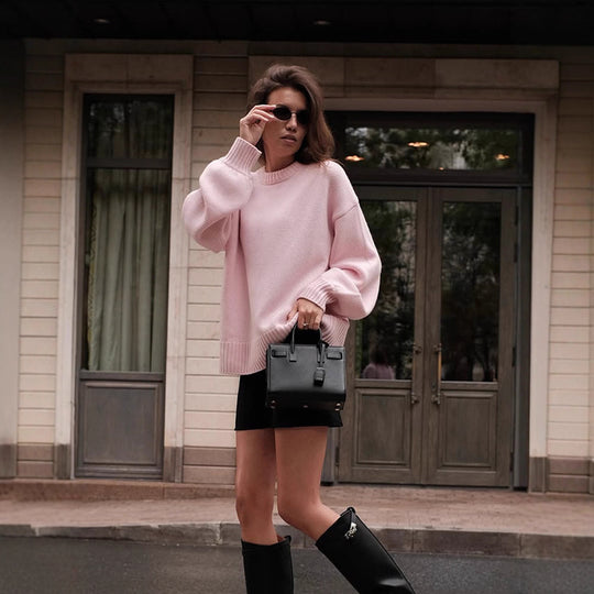 Damen gemütlicher Strickpullover mit weitem Schnitt R&B
