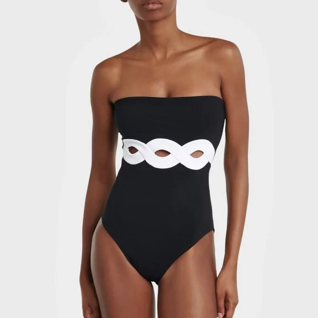 Damen eleganter V-Ausschnitt Schwimmanzug mit stilvollem Wickelrock R&B