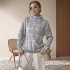 Damen Grobstrickpullover mit modernem Karomuster und hohem Kragen R&B