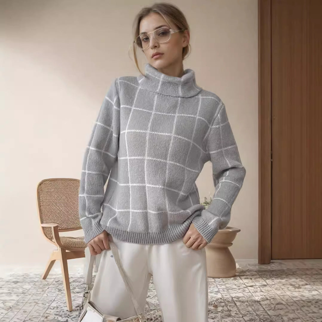 Damen Grobstrickpullover mit modernem Karomuster und hohem Kragen R&B