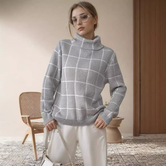 Damen Grobstrickpullover mit modernem Karomuster und hohem Kragen R&B