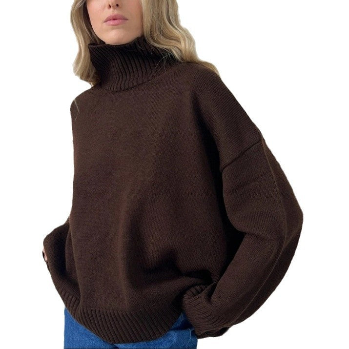 Damen Strickpullover mit hohem Kragen und weitem Schnitt R&B