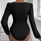 Damen Eleganter Body mit romantischen Puffärmeln und V-Ausschnitt R&B