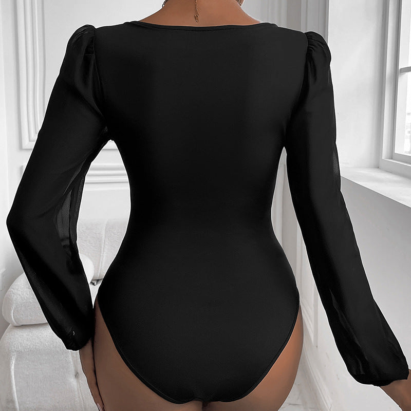 Damen Eleganter Body mit romantischen Puffärmeln und V-Ausschnitt R&B