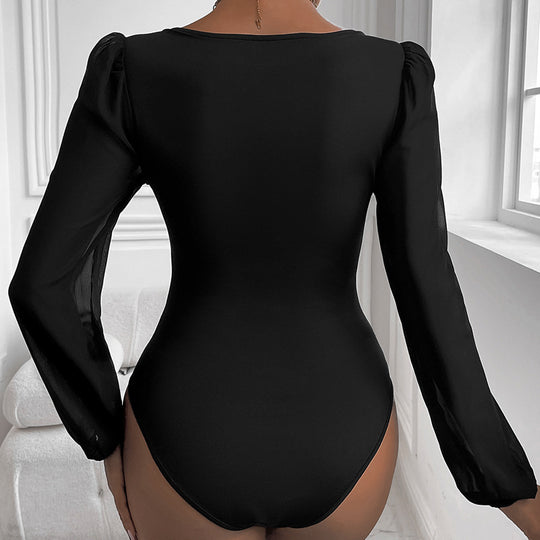 Damen Eleganter Body mit romantischen Puffärmeln und V-Ausschnitt R&B