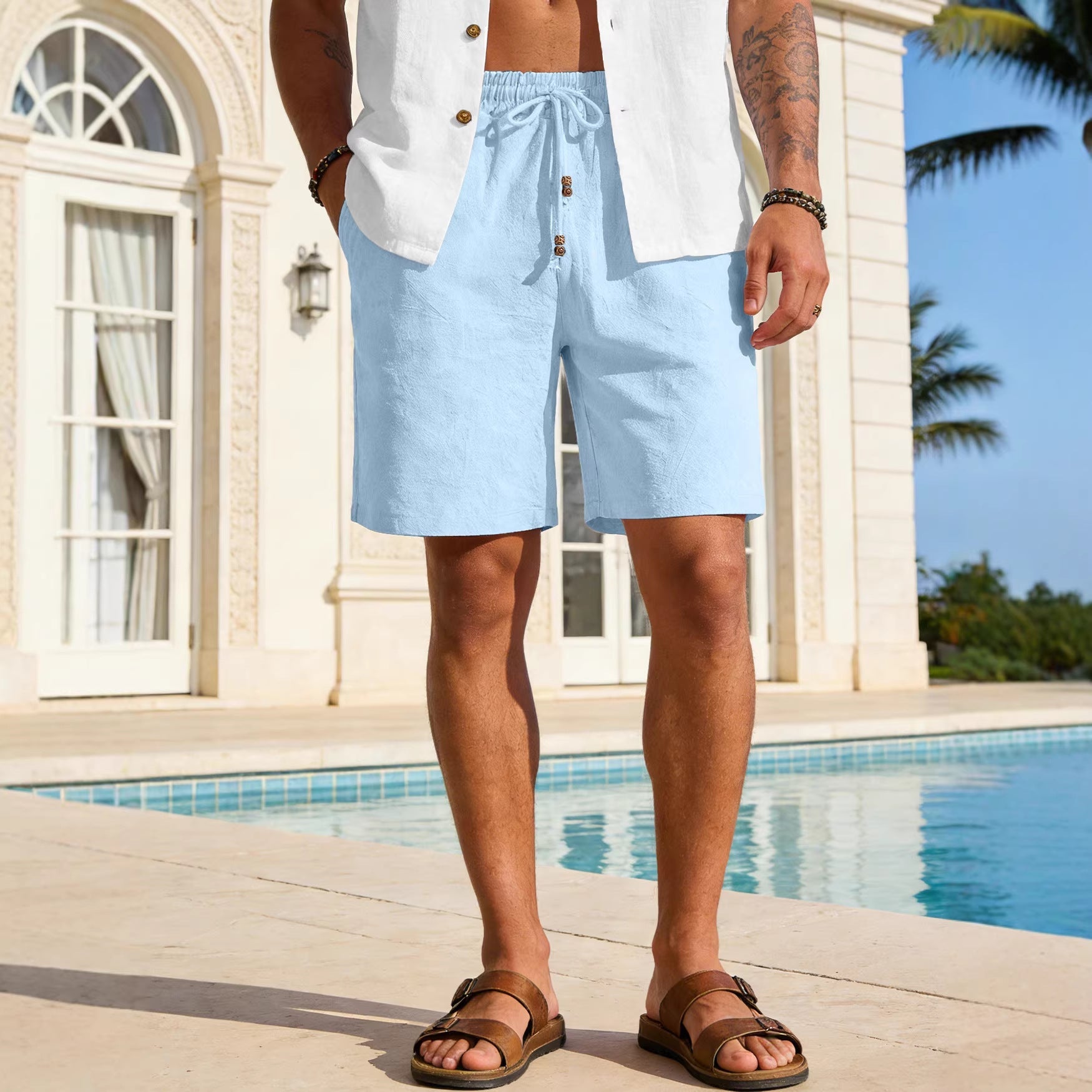 Herren nan leichte Strand-Bermuda aus Leinenmix mit Elastikbund Kordelzug und Zierknopfleiste R&B